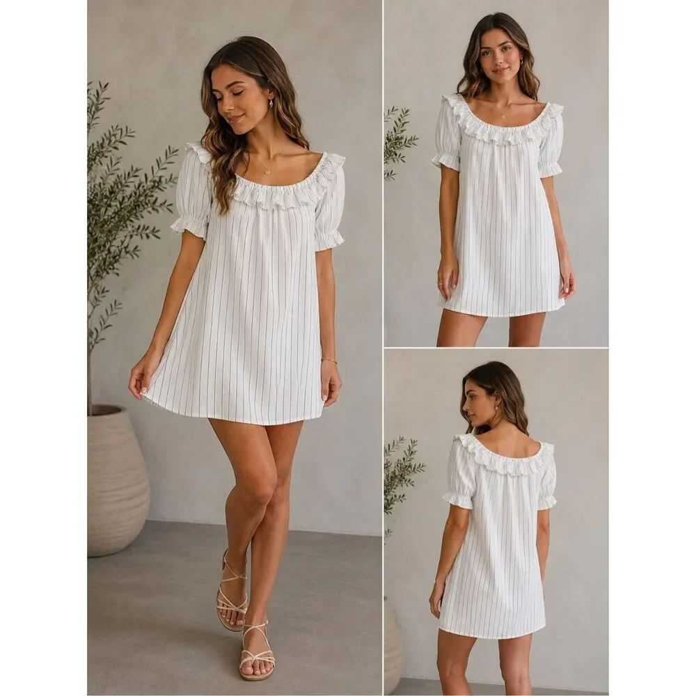 Lulus White Pinstripe Off Shoulder Mini Dress Puff Sleeve Cotton Size L
